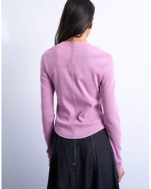 TOPSHOP Purple Rib Long Sleeve Curved Hem Top