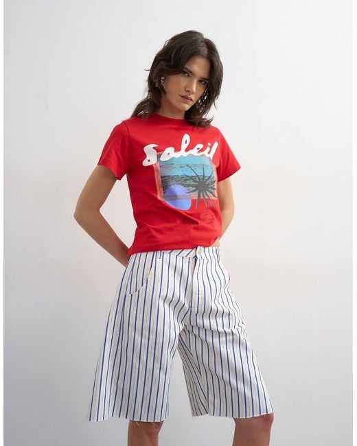 TOPSHOP Red Denim Barrel Jorts