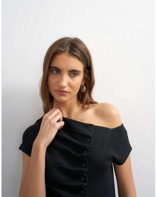 TOPSHOP Black Bardot Button Through Top