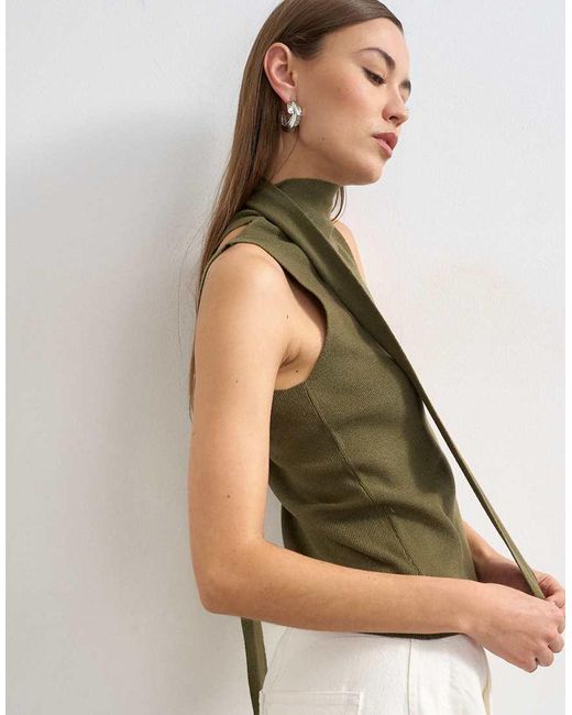 TOPSHOP Green Knitted Drape Scarf Detail Top