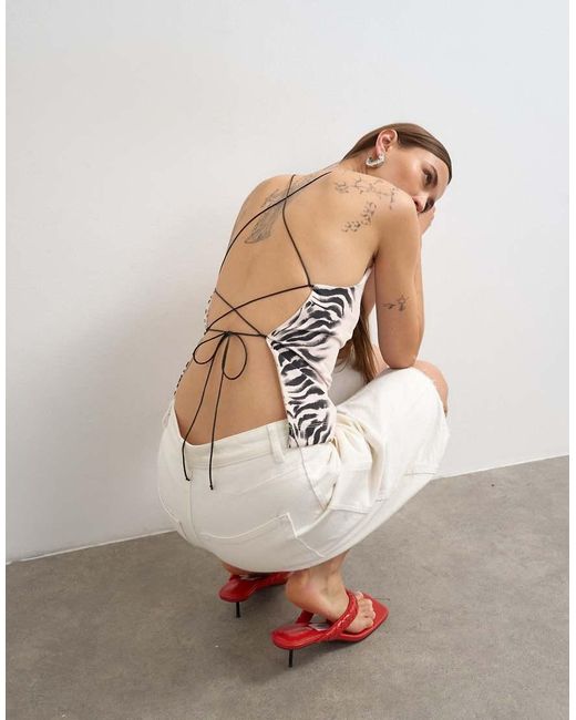 TOPSHOP White Zebra Cami Lace Up Back Top