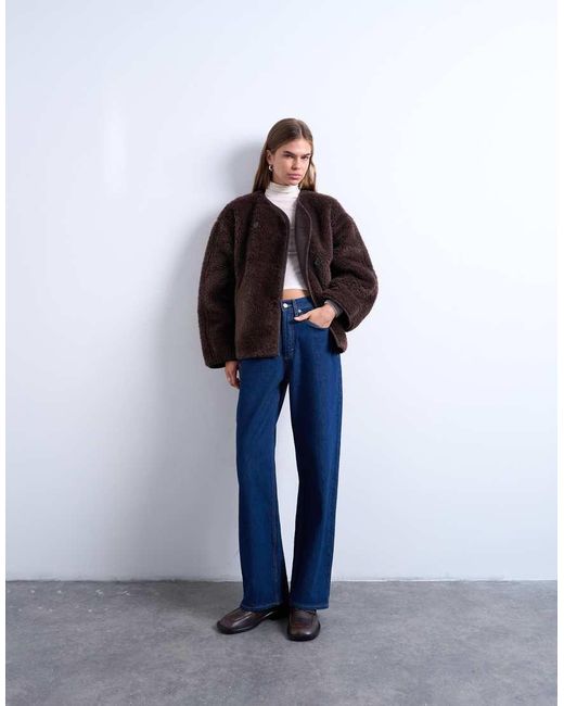 TOPSHOP Brown Ovoid Short Shearling Double Breasted Jacket