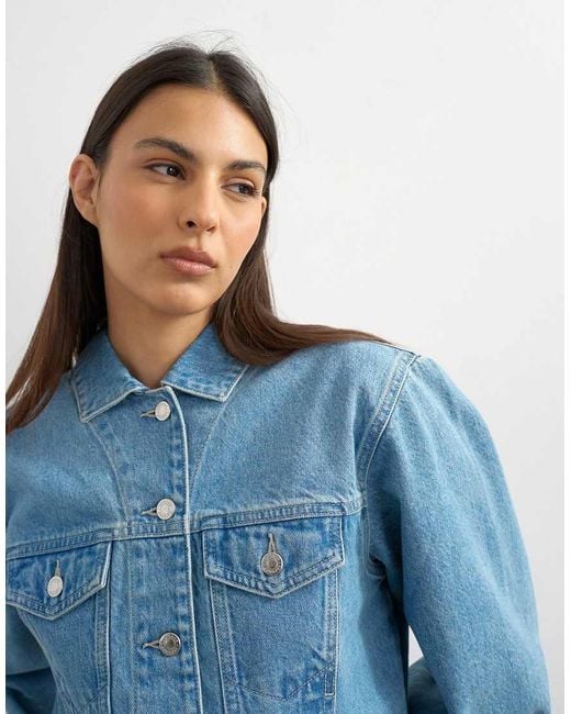 TOPSHOP Blue Denim Cropped Padded Shoulder Jacket