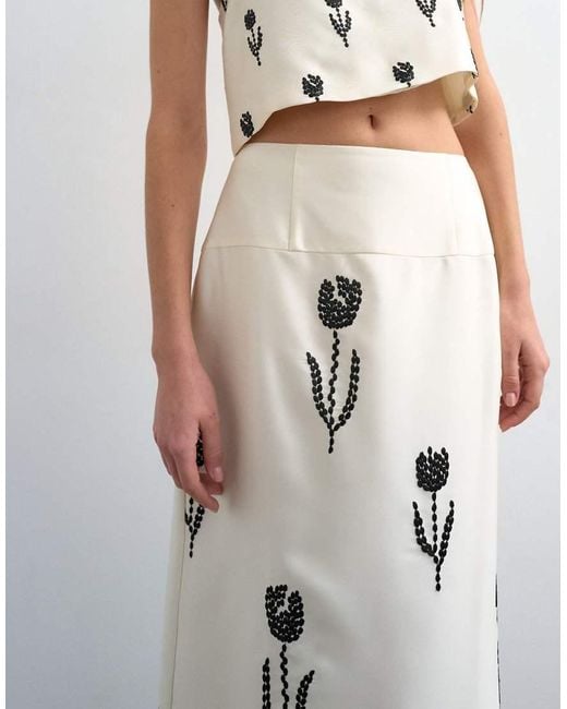 TOPSHOP White Placement Embroidery Satin Midi Skirt