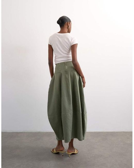 TOPSHOP Green Denim Seamed Barrel Maxi Skirt