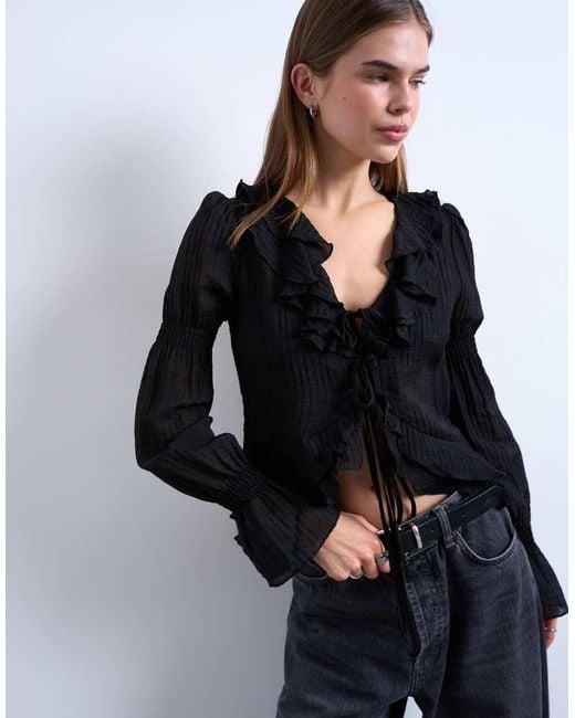 TOPSHOP Black Ruffle Tie Front Long Sleeve Top