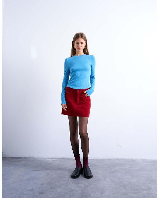 TOPSHOP Blue Rib Long Sleeve Curved Hem Top