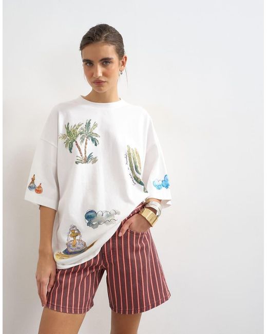 TOPSHOP White Graphic Holiday Doodle Print Oversized Tee