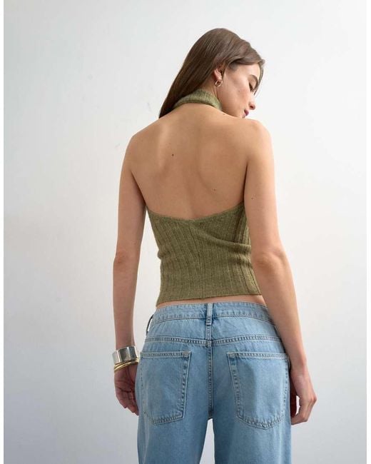 TOPSHOP Green Knit Drape Neck Low Back Top