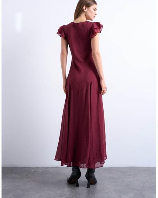 TOPSHOP Red Flutter Sleeve V-neck Midi Dress