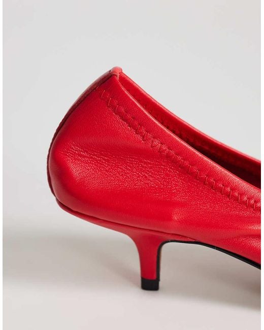 TOPSHOP Red Arizona Faux Leather Ruched Kitten Heel Court Shoes