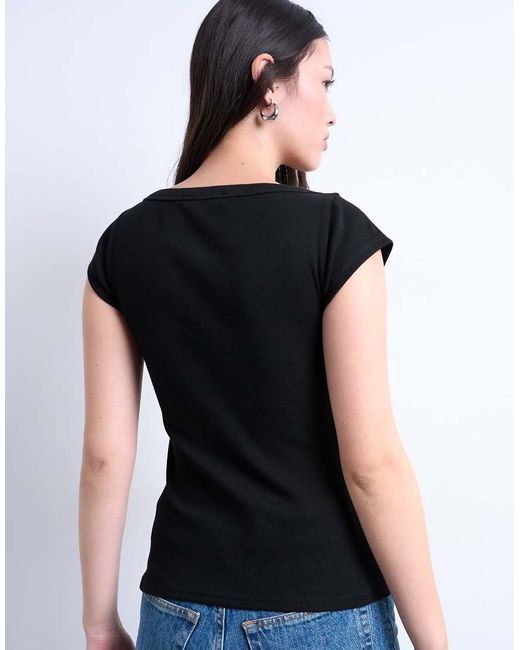 TOPSHOP Black Square Neck Ribbed Cap Sleeve Tee
