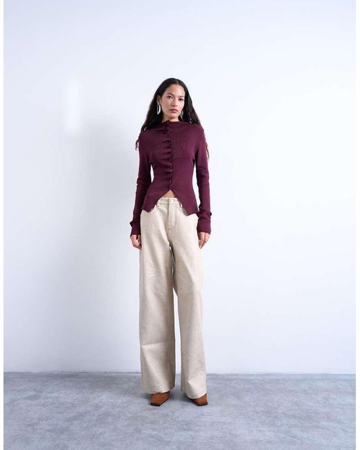 TOPSHOP Purple Knit Ruffled Button Front Long Sleeve Top