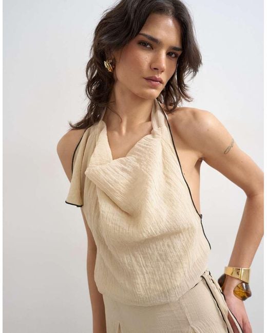 TOPSHOP Natural Tie Waist Halter Neck Maxi Dress With Contrast Trim