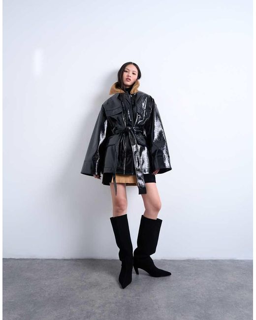 TOPSHOP Black 4 Pocket Vinyl Shacket With Contrast Collar