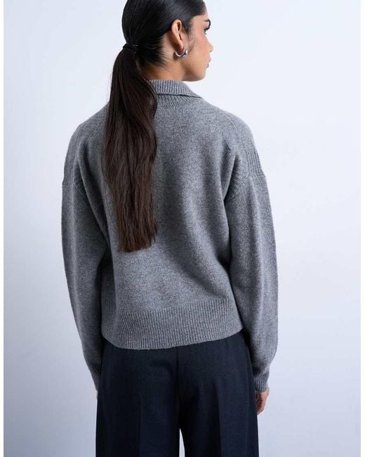 TOPSHOP Gray Knitted Premium 100% Lambswool Polo Jumper
