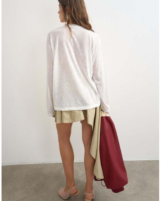 TOPSHOP White Sheer Slubby Graphic 'nyc' Long Sleeve Top