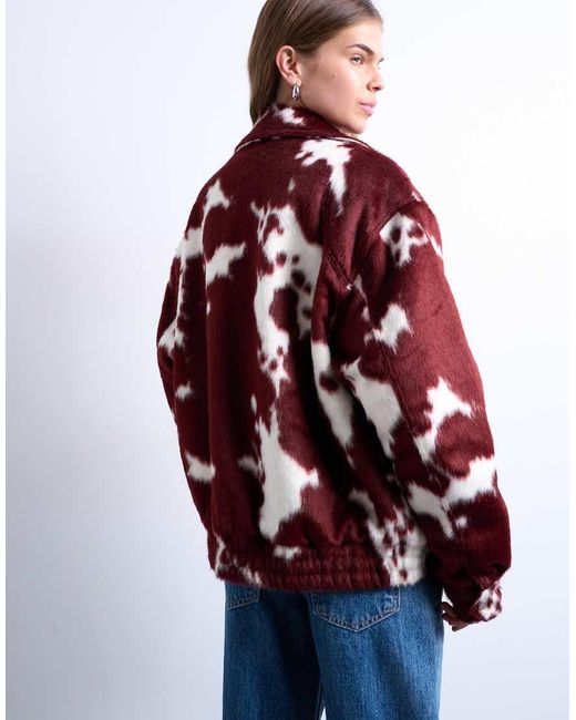TOPSHOP Red Faux Fur Cow Print Bomber Jacket
