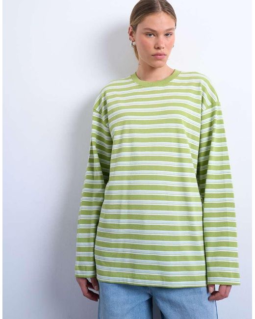 TOPSHOP Green Stripe Long Sleeve Slouchy Skater Tee