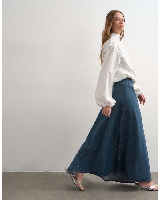 TOPSHOP Blue Denim Asymmetric Dropped Waist Maxi Skirt