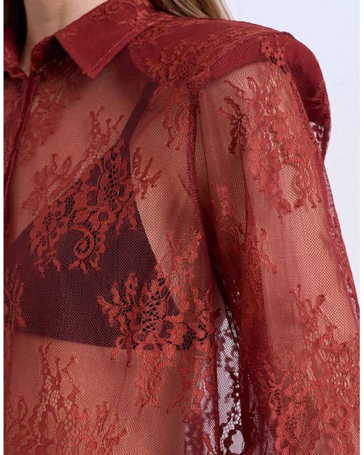 TOPSHOP Red Sheer Lace Shirt