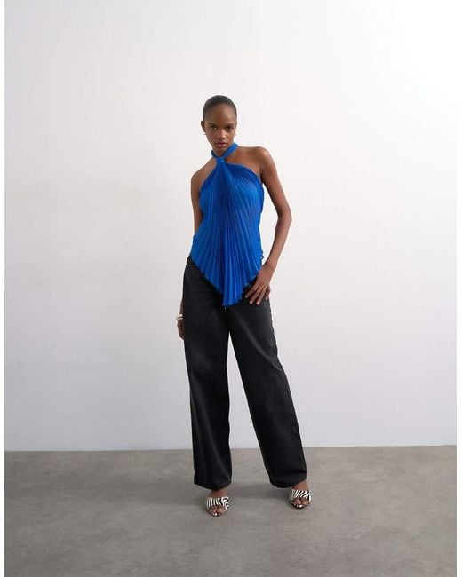 TOPSHOP Blue Knot Halter Top With Pleated Fabric