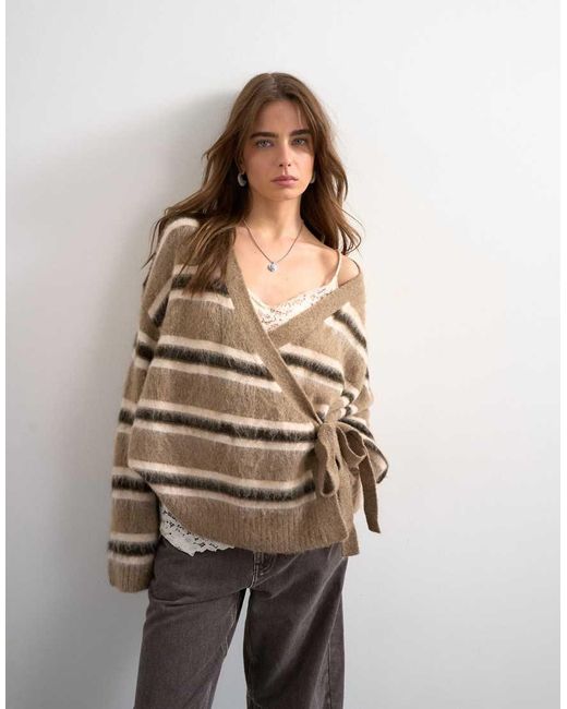 TOPSHOP Natural Knitted Fluffy Stripe Wrap Tie Cardigan