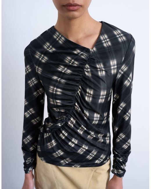 TOPSHOP Black Check Print Ruched Asymmetric Long Sleeve Top