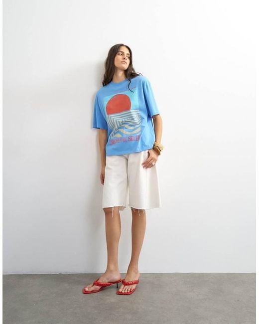 TOPSHOP Blue 'Coucher De Soleil' Graphic Oversized Tee