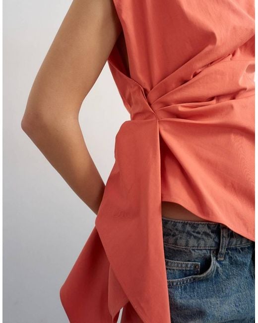 TOPSHOP Orange Slash Neck Twist Side Top
