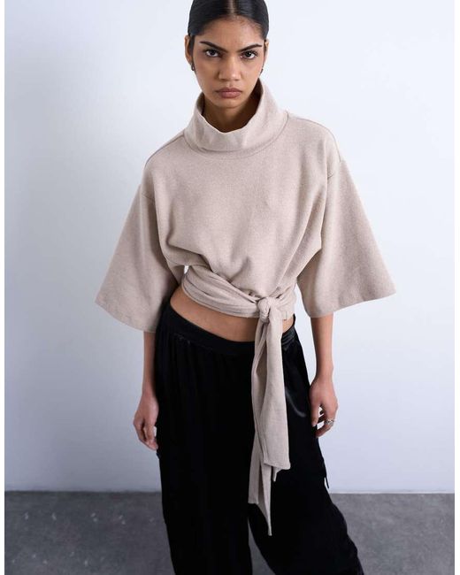 TOPSHOP Gray Soft Touch Funnel Neck Tie Waist Detail Top