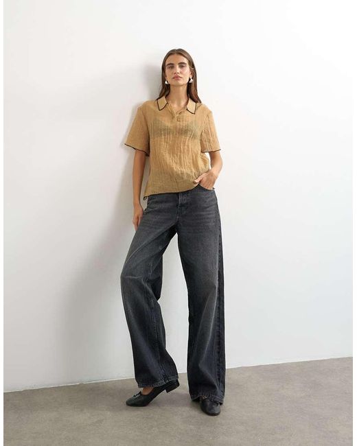 TOPSHOP Multicolor Crinkle Polo Shirt With Black Tipping