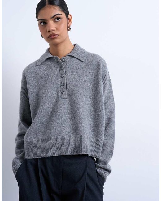 TOPSHOP Gray Knitted Premium 100% Lambswool Polo Jumper