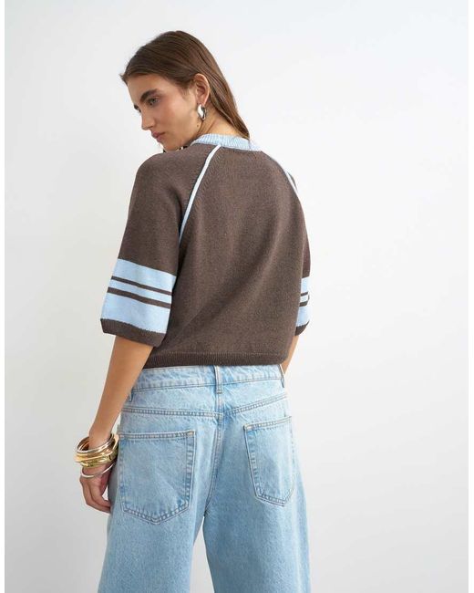TOPSHOP Blue Knitted Short Sleeve Top With Tipping