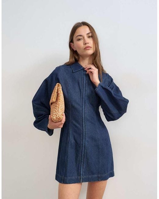 TOPSHOP Blue Denim Zip Through Mini Dress With Ovoid Sleeve