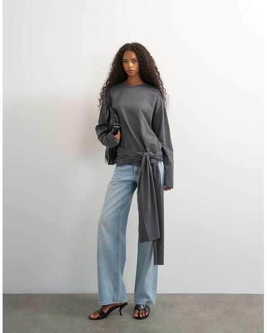 TOPSHOP Gray Long Sleeve Tie Waist Detail Top