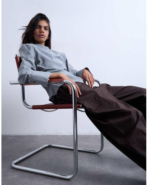 TOPSHOP Blue Long Sleeve Ruched Side Top