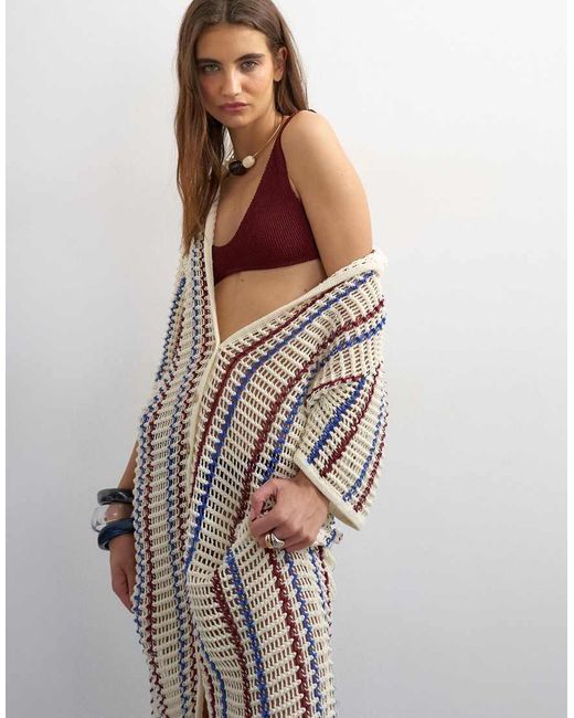 TOPSHOP White Knit Polo Striped Open Stitch Midi Dress