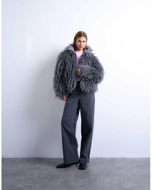 TOPSHOP Blue Zip Through Mongolian Faux Fur Bomber