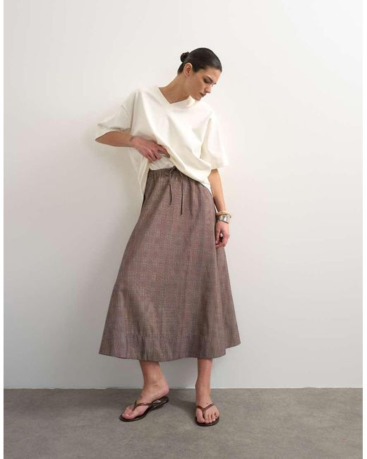 TOPSHOP Natural Co Ord Check Tie Waist Pleated Maxi Skirt