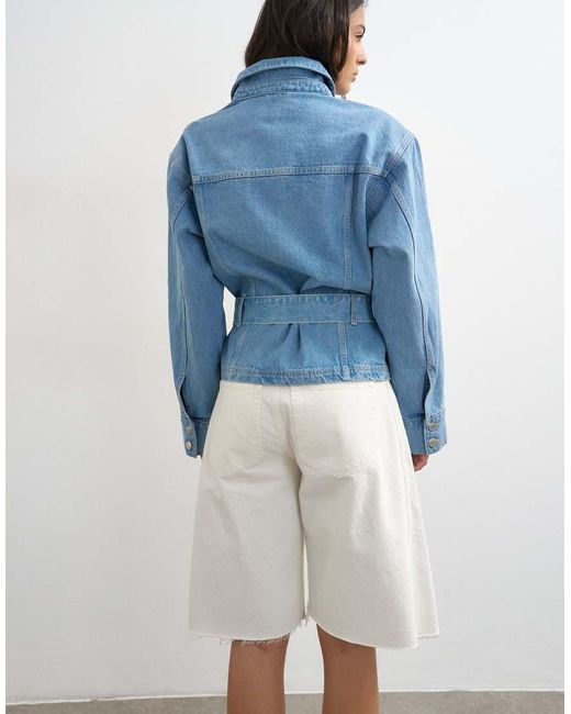 TOPSHOP Blue Denim Cinched Shoulder Pad Jacket