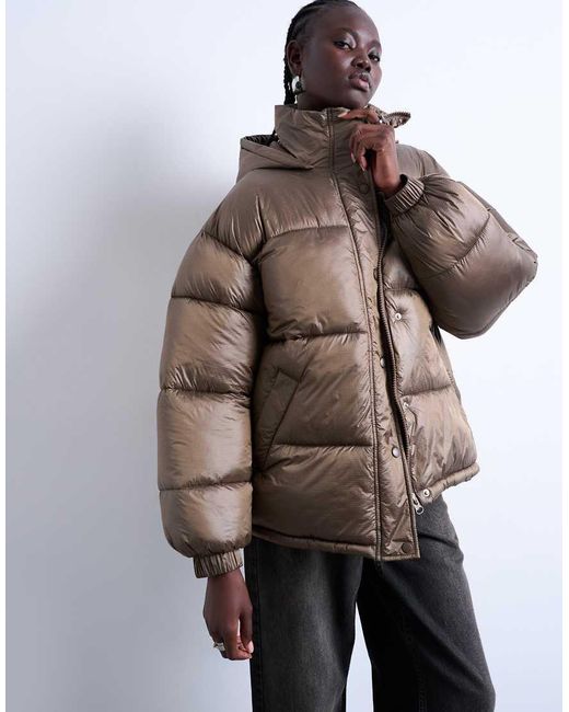 TOPSHOP Brown Mid Length Funnel Neck Puffer Jacket