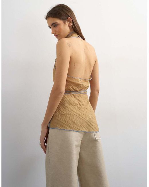 TOPSHOP Natural Crinkle Halter Top With Contrast Trim