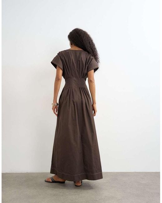 TOPSHOP Brown exaggerated Shoulder Dress With Cinched Pintuck Waist