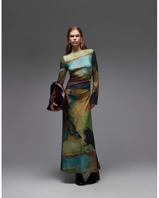 TOPSHOP Gray Abstract Print Long Sleeve Maxi Dress