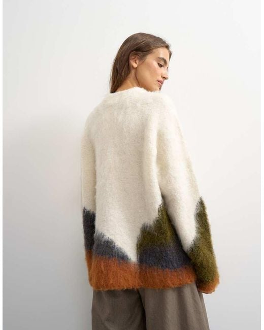 TOPSHOP Brown Knit Hairy Abstract Color Block Striped Wool Mix Crew Neck Sweater