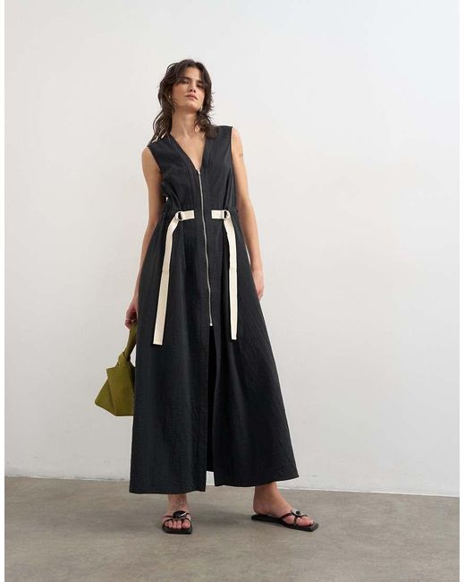TOPSHOP Blue Crinkle V Neck Zip Front Utility Maxi Dress