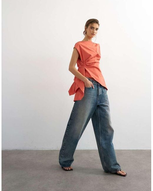 TOPSHOP Orange Slash Neck Twist Side Top