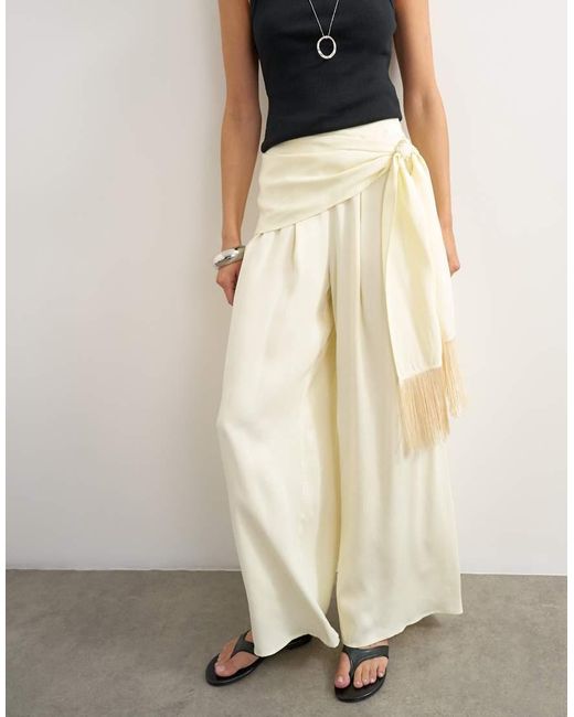 TOPSHOP White Satin Feel Wrap Co-Ord Trouser With Fringe Detail
