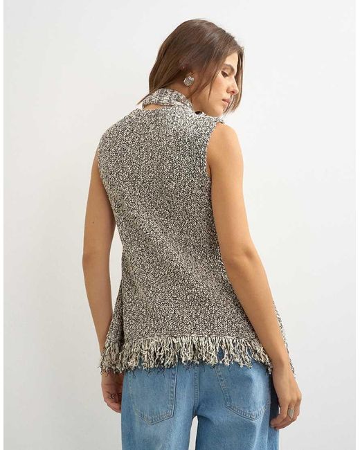 TOPSHOP Brown Knitted Sleeveless Fringing Peplum Scarf Top